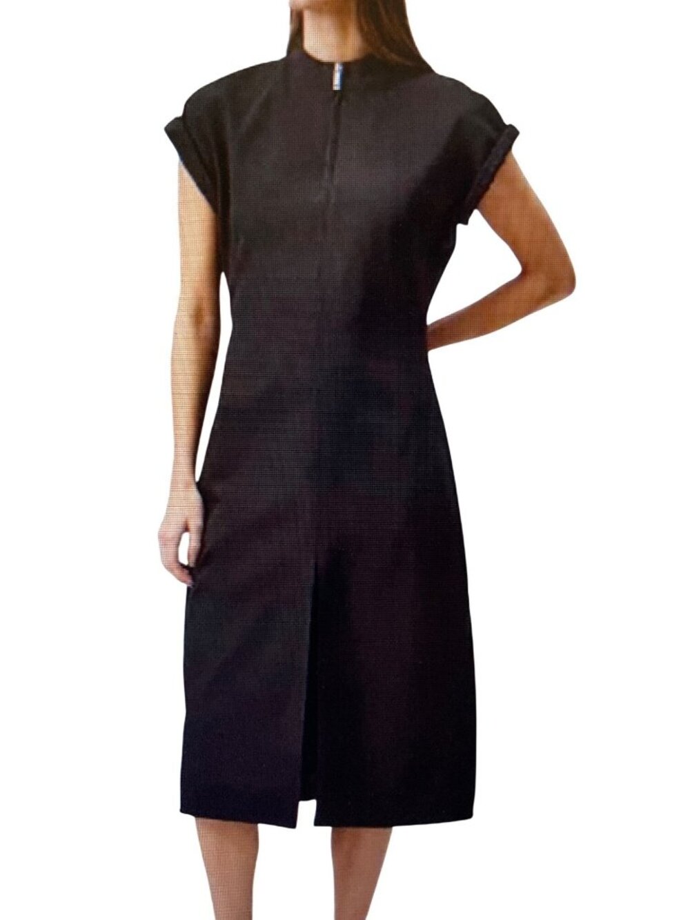 Calvin Klein  TECH STRETCH Midi Black Front Zip Crew Cap Sleeve Dress  NWT